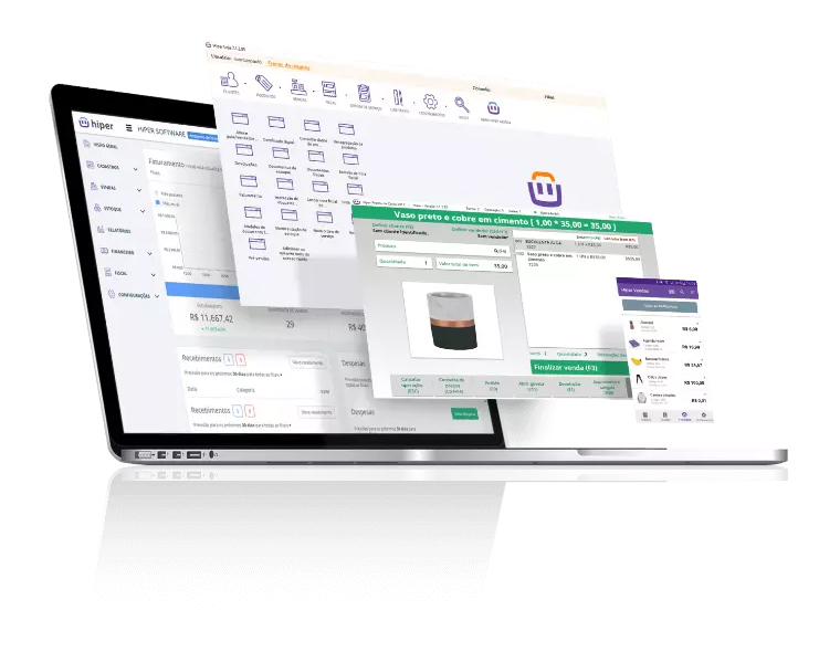 Sistema Hiper com telas de gestão, vendas e aplicativo
